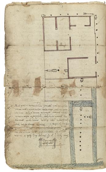 (MEXICAN MANUSCRIPTS.) Illustrated file on a land dispute between a ranch owner and his Nahua neighbors.